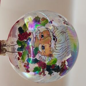 Vintage Reverse Painted Iridescent Glass Ball Ornament With Santa Clause
